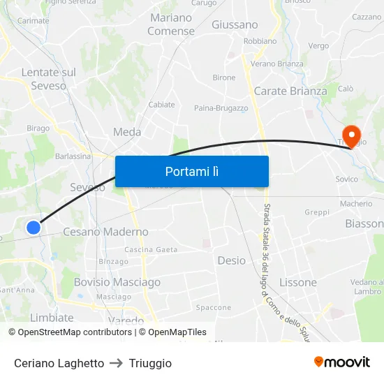 Ceriano Laghetto to Triuggio map