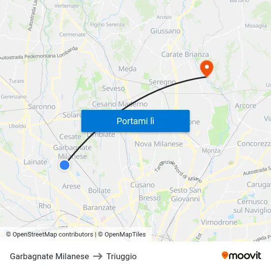 Garbagnate Milanese to Triuggio map