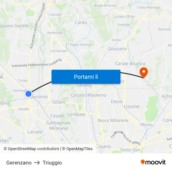 Gerenzano to Triuggio map