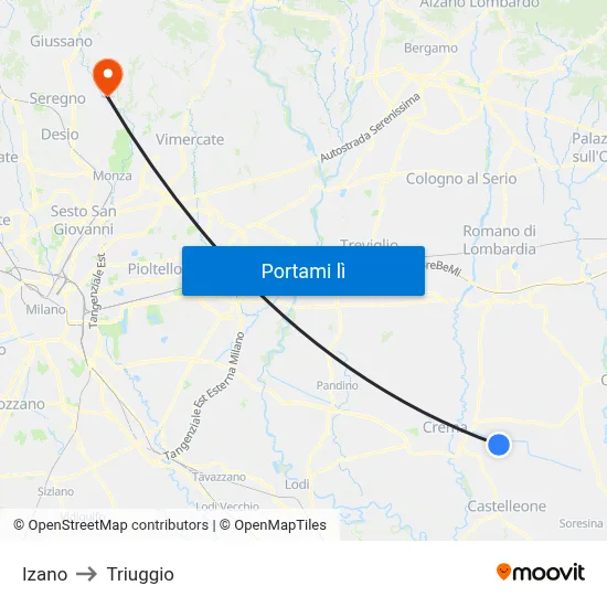 Izano to Triuggio map