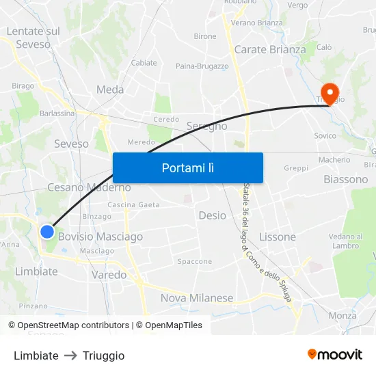 Limbiate to Triuggio map