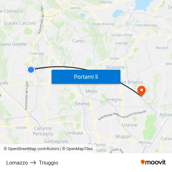 Lomazzo to Triuggio map