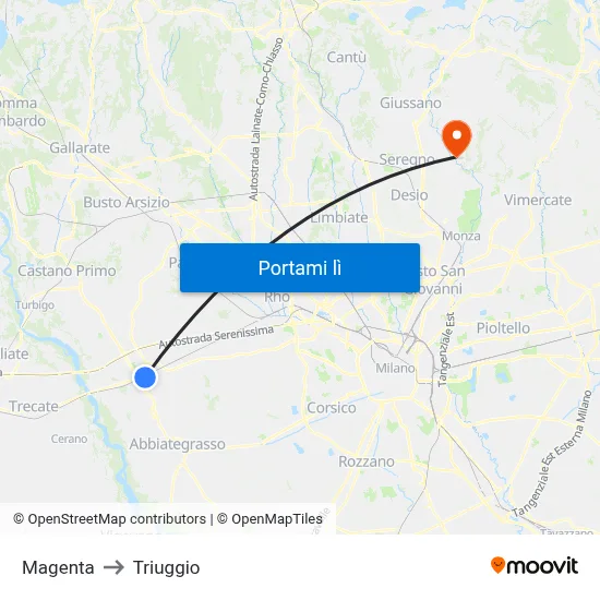 Magenta to Triuggio map