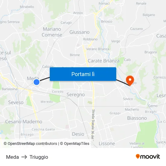 Meda to Triuggio map