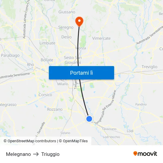 Melegnano to Triuggio map