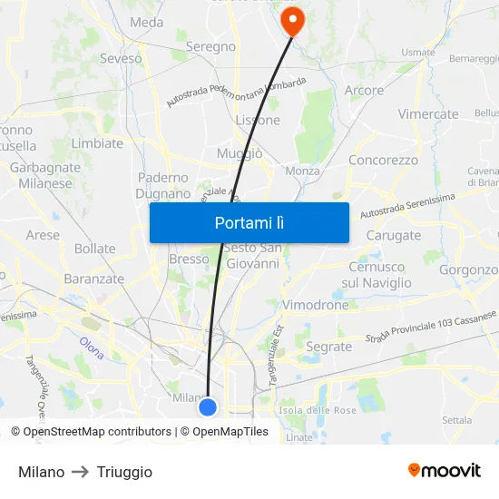 Milano to Triuggio map
