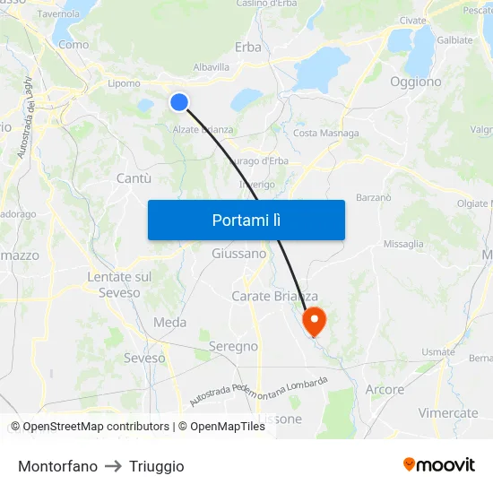 Montorfano to Triuggio map