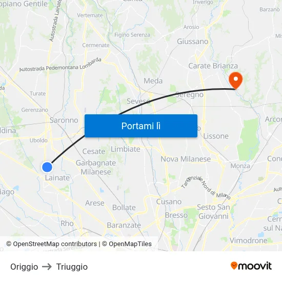 Origgio to Triuggio map