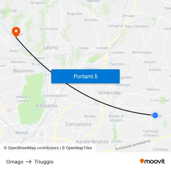 Ornago to Triuggio map