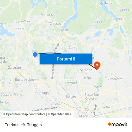 Tradate to Triuggio map