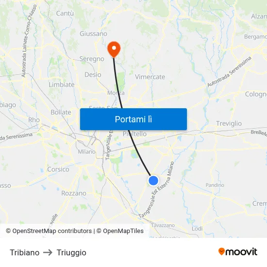 Tribiano to Triuggio map