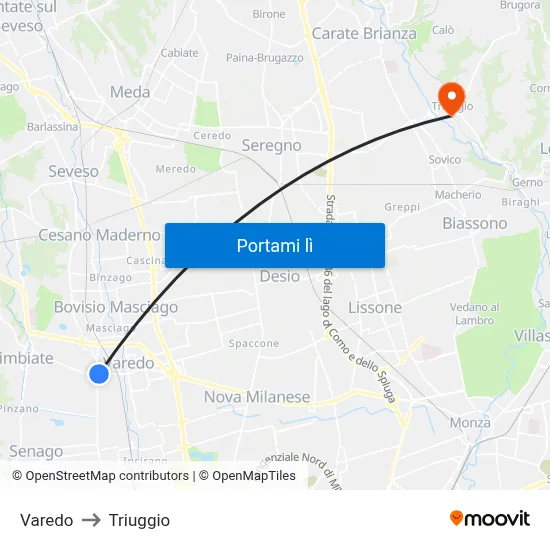Varedo to Triuggio map