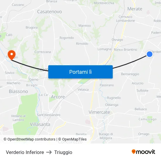 Verderio Inferiore to Triuggio map