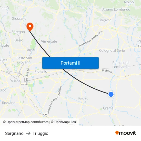 Sergnano to Triuggio map