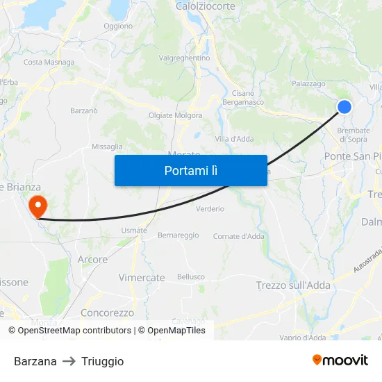 Barzana to Triuggio map