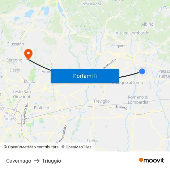 Cavernago to Triuggio map