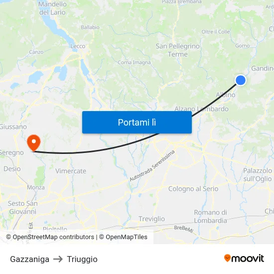 Gazzaniga to Triuggio map