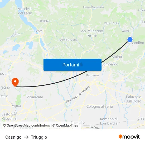 Casnigo to Triuggio map