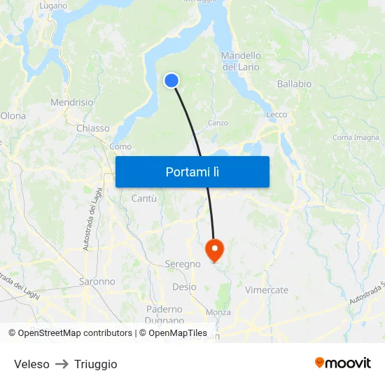 Veleso to Triuggio map