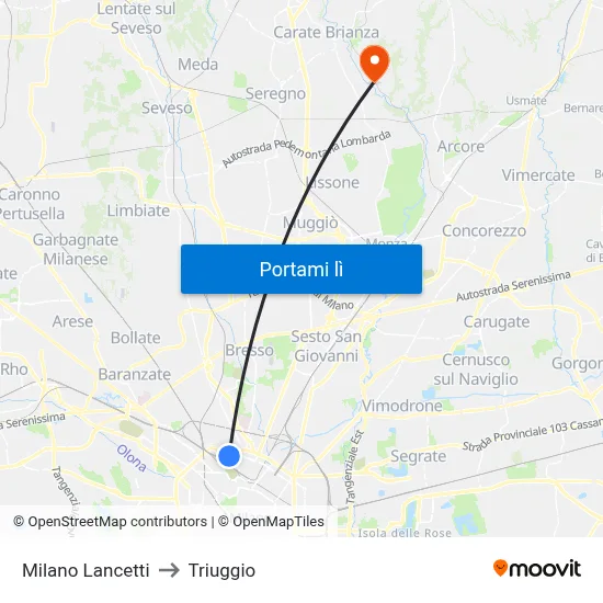 Milano Lancetti to Triuggio map