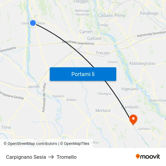 Carpignano Sesia to Tromello map