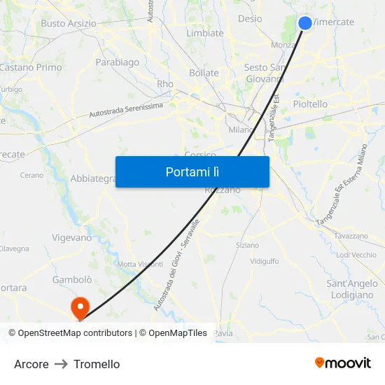 Arcore to Tromello map