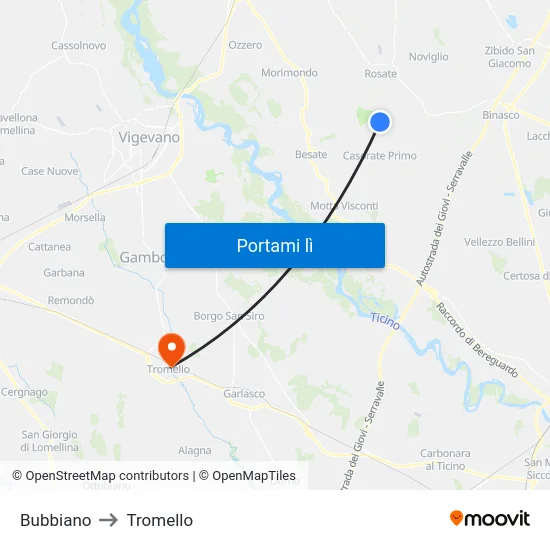 Bubbiano to Tromello map