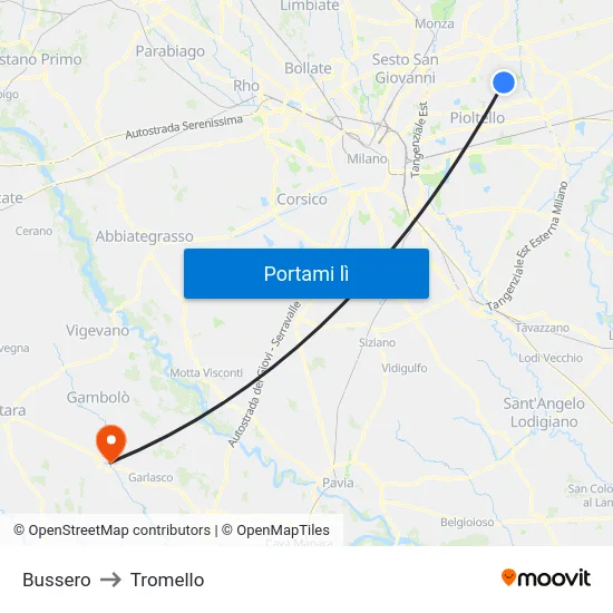 Bussero to Tromello map