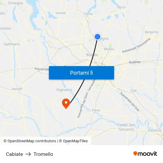Cabiate to Tromello map