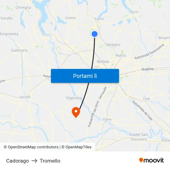 Cadorago to Tromello map