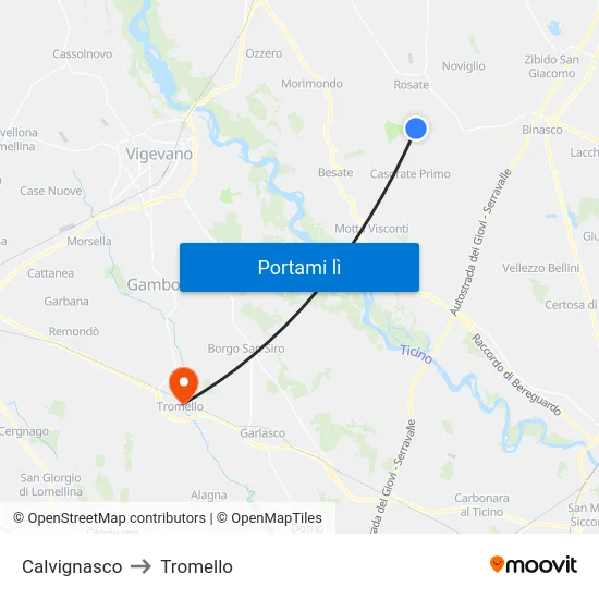 Calvignasco to Tromello map