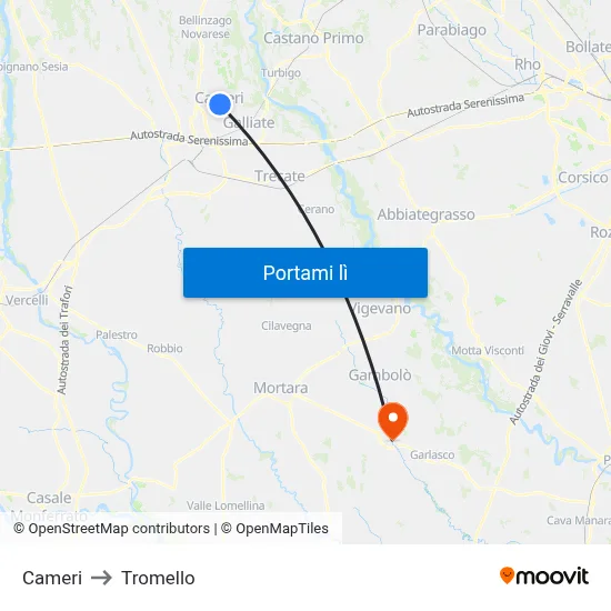 Cameri to Tromello map