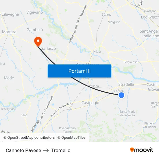 Canneto Pavese to Tromello map