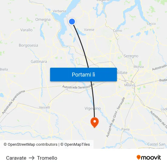 Caravate to Tromello map