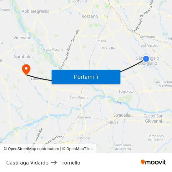 Castiraga Vidardo to Tromello map