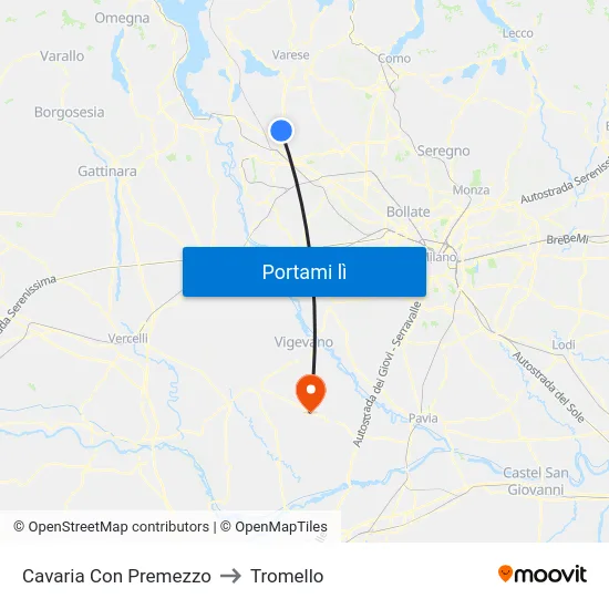 Cavaria Con Premezzo to Tromello map