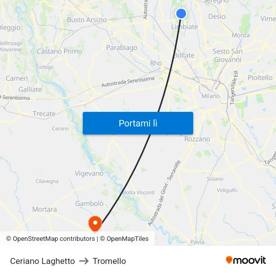 Ceriano Laghetto to Tromello map