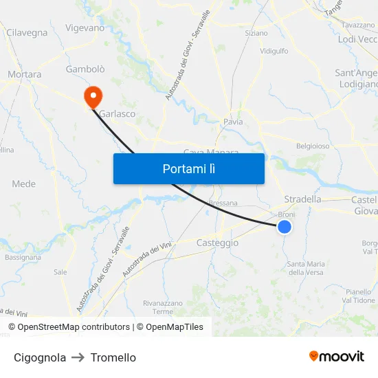 Cigognola to Tromello map