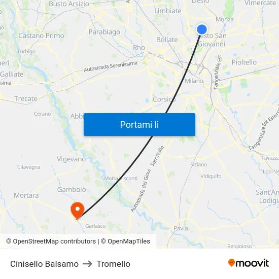 Cinisello Balsamo to Tromello map