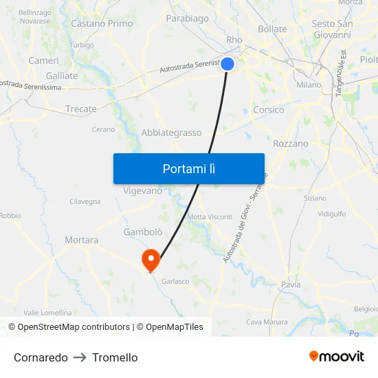 Cornaredo to Tromello map