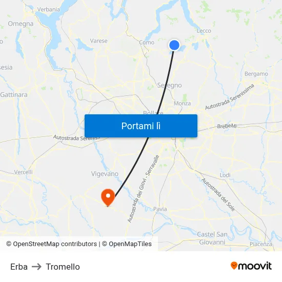 Erba to Tromello map