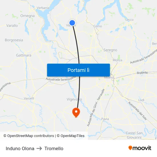 Induno Olona to Tromello map