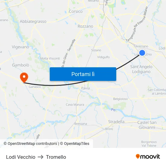 Lodi Vecchio to Tromello map