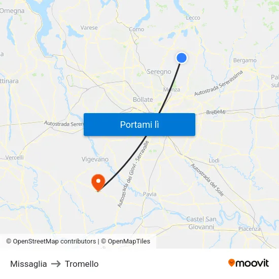 Missaglia to Tromello map