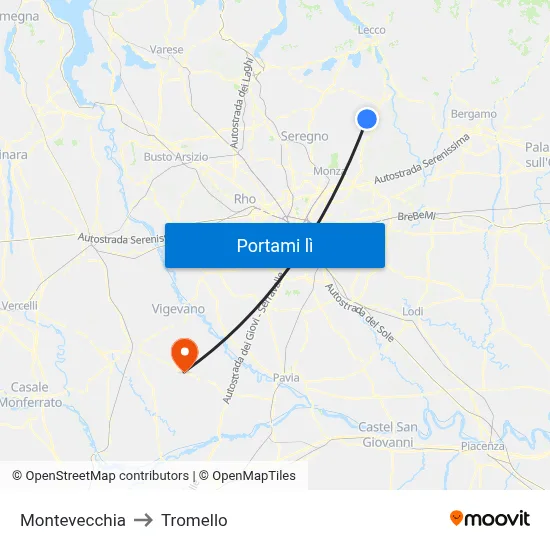 Montevecchia to Tromello map