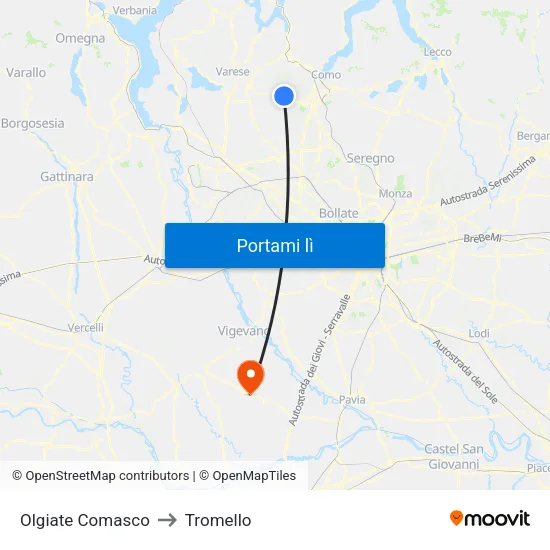 Olgiate Comasco to Tromello map