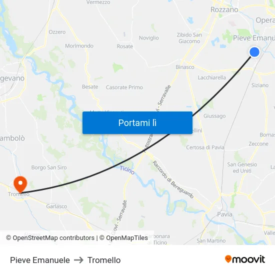 Pieve Emanuele to Tromello map
