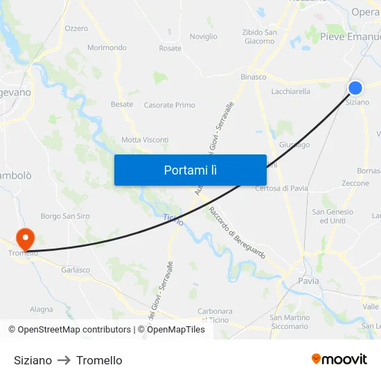 Siziano to Tromello map