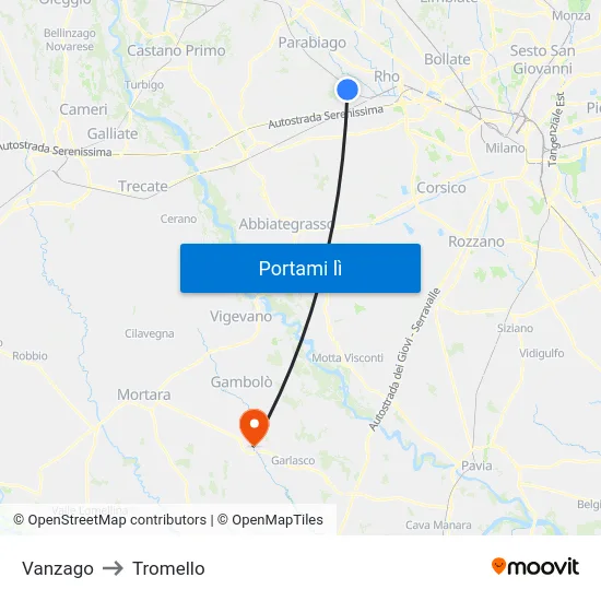 Vanzago to Tromello map