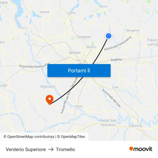 Verderio Superiore to Tromello map